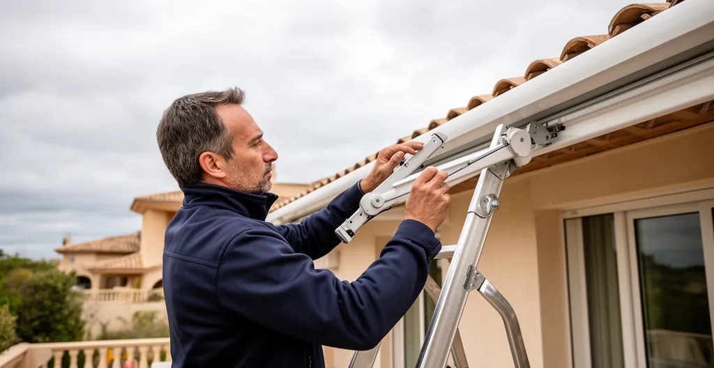 Technicien inspectant bras articulé store banne déformé
