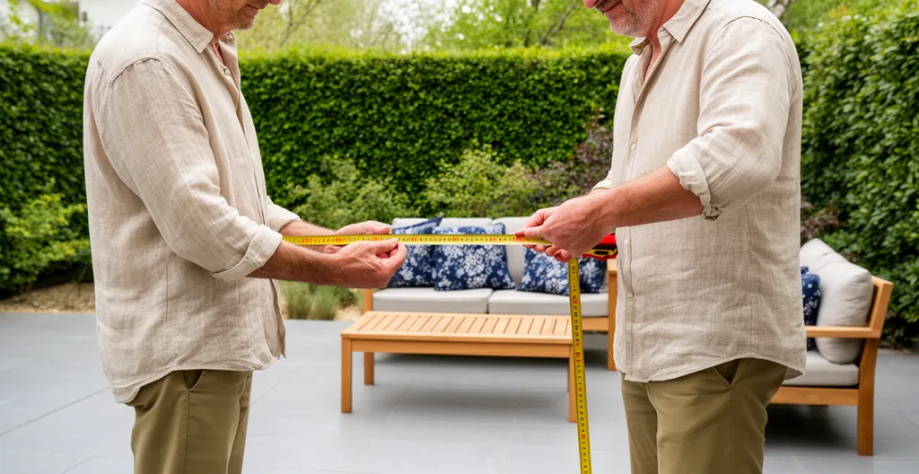 Propriétaire mesurant largeur terrasse avec mètre ruban pour projet store