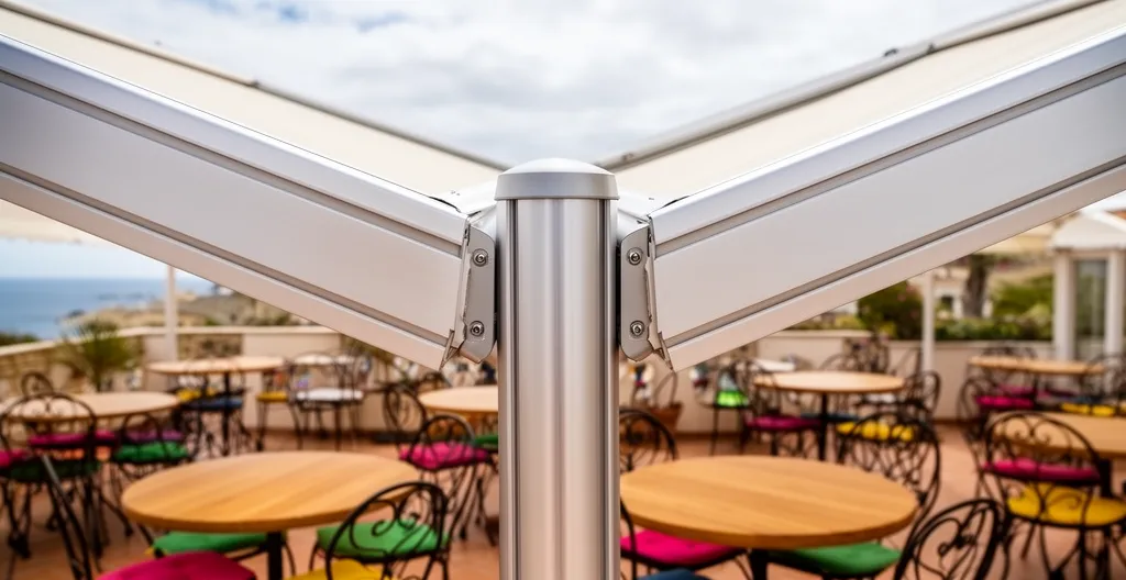 Structure aluminium store double pente avec poteau porteur sur terrasse restaurant